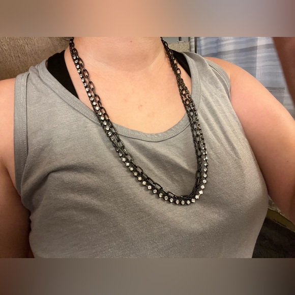 J Crew Rhinestone Multi Strand Necklace Gunmetal Black Chain Link - Picture 4 of 10